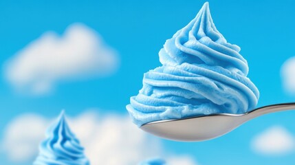 Close-up of swirled blue whipped cream on a spoon floating against a vibrant sky-blue background