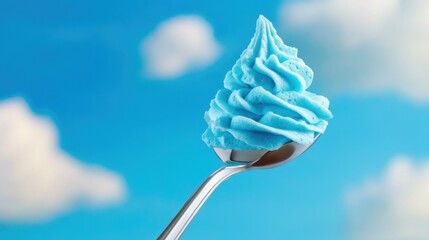 Close-up of swirled blue whipped cream on a spoon floating against a vibrant sky-blue background