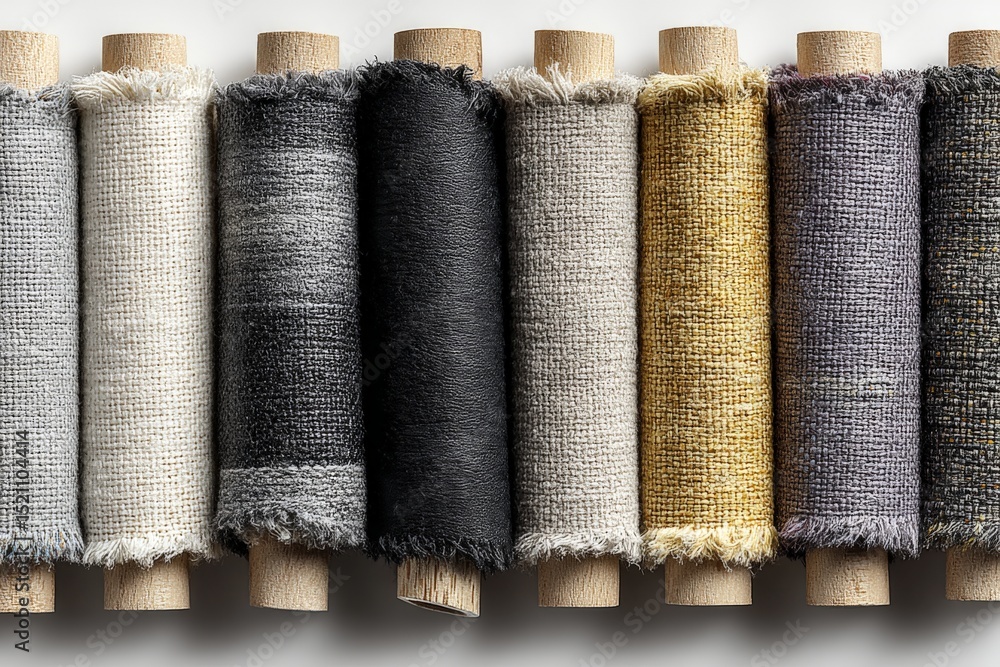 Poster Variety of fabric rolls displayed neatly on wooden spools for textile selection in a design studio
