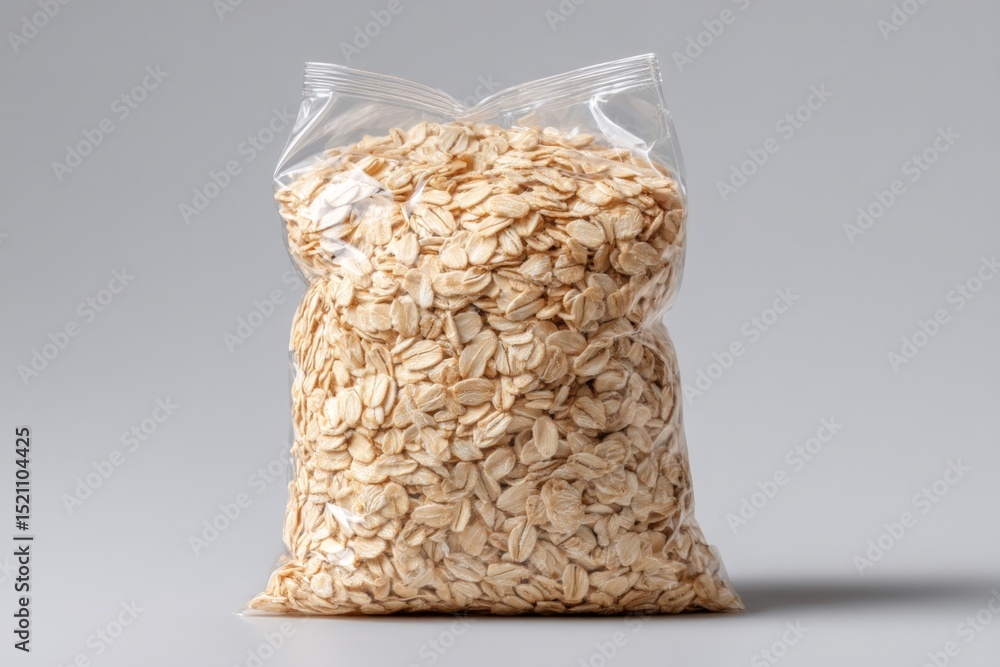 Poster oats in a transparent bag displayed on a plain background ready for cooking or baking