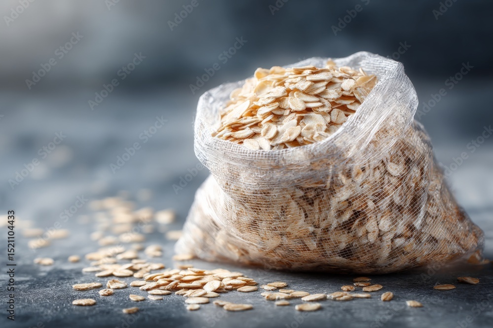 Poster oats in a burlap sack on a textured surface with scattered grains around during morning light