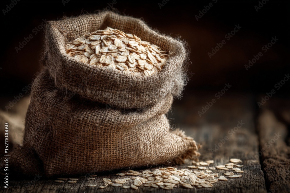 Poster Oats in burlap sacks resting on a rustic wooden table with scattered grains in low light