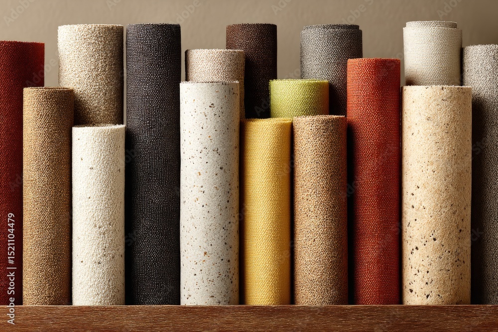 Aufkleber Colorful fabric rolls neatly arranged on a shelf in a design studio showcasing various textures and shades