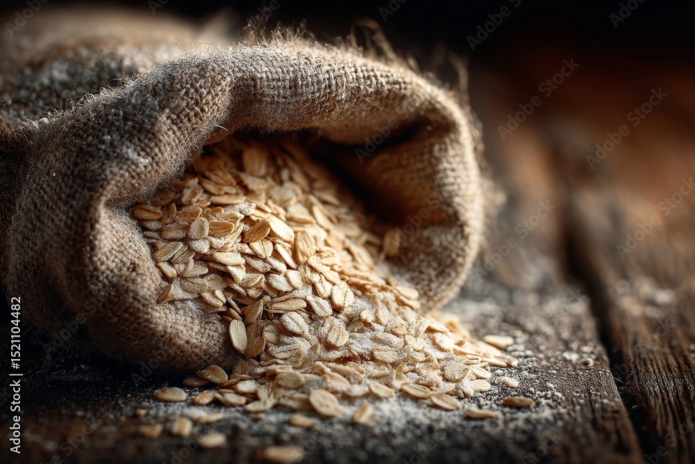 Poster oats spilling from a burlap sack on a rustic wooden table in soft natural light