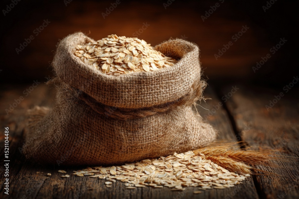 Aufkleber natural oats in a burlap sack on a rustic wooden table showcasing grains and textures in warm lighti