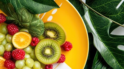 Close-up of vibrant fruit plate with kiwi and berries framed by natural foliage