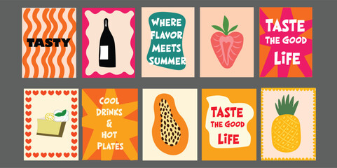 Summer-themed food banner for restaurant use, featuring juicy tomatoes, broccoli, pomegranate, and pineapple. Includes fun food phrases and a bright color scheme.