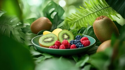Close-up of vibrant fruit plate with kiwi and berries framed by natural foliage