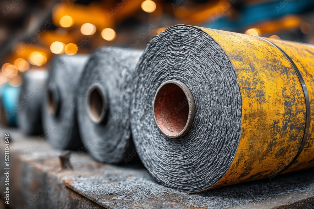 Aufkleber rolls of dark and yellow fabric stacked in a textile factory with machinery in the background during