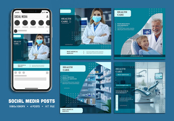 Healthcare Social Media Posts Set with Doctors, Pharmacy and Dental Services for Medical Promotion, Editable Design.