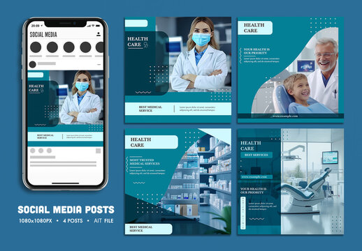 Healthcare Social Media Posts Set with Doctors, Pharmacy and Dental Services for Medical Promotion, Editable Design.