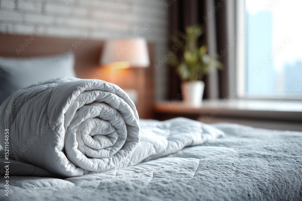 Poster cozy bedroom setup with neatly rolled blanket and natural sunlight streaming through window in moder