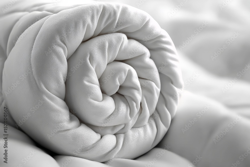 Poster soft white rolled bedding placed on a textured surface in a calming bedroom setting during morning l