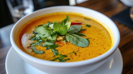 Coconut milk curry bubbling with chicken, herbs, and spice blend