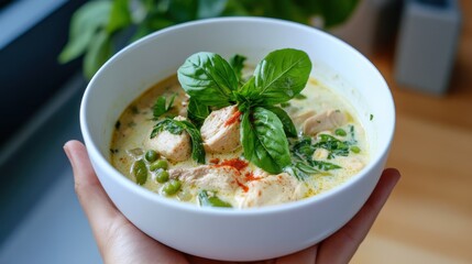 Coconut milk curry bubbling with chicken, herbs, and spice blend