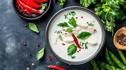 Coconut milk curry bubbling with chicken, herbs, and spice blend