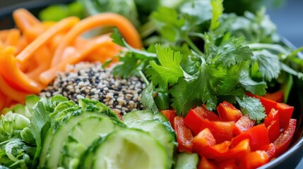 Colorful and healthy avocado toast spread featuring herbs, seeds, and fresh vegetables