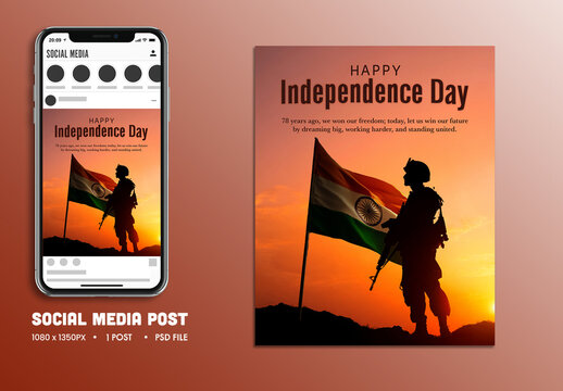 15th August Happy Independence Day Social Media Post with Soldier in Front of Indian Flag at Sunset Scene, Editable Design.
