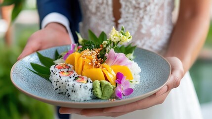 Colorful fusion sushi with mango slices, rice, and spicy drizzle on ceramic plate