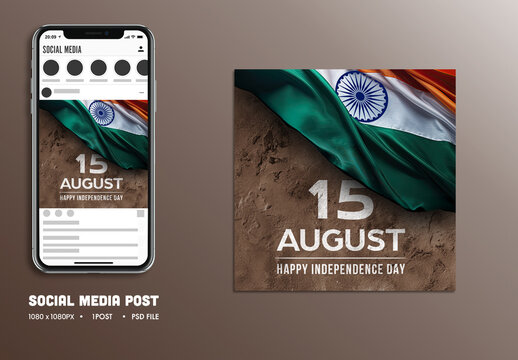 15th August Happy Independence Day Social Media Post with Indian Flag, Editable Design.