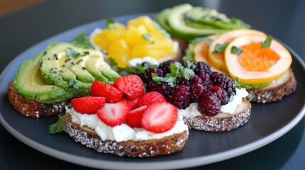 Colorful plate of avocado toast variations using fruits, herbs, and spices