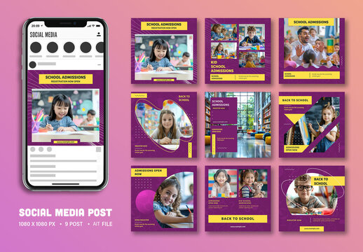 School Admission 2025 Social Media Editable Posts Set with Kids, Classrooms and Back to School Theme.