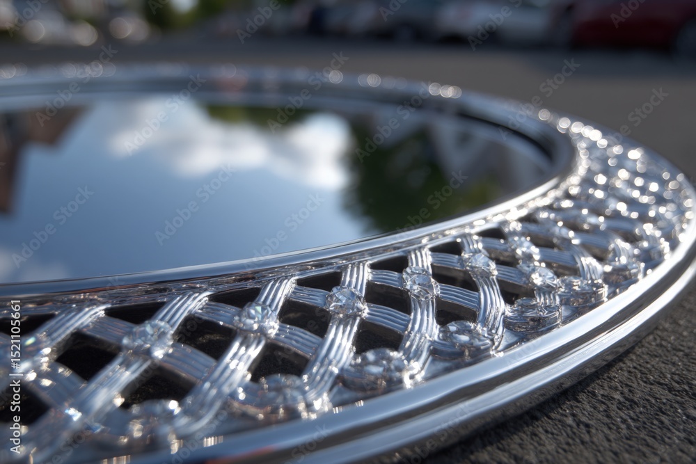 Poster reflective surface showcases intricate metalwork in urban setting on a sunny day
