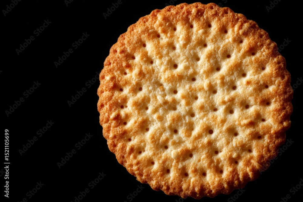 Poster Crispy round cracker placed on a black background showcasing its texture and design