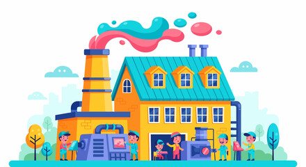 Obraz premium Colorful Illustration of Factory with Workers and Equipment Flat Design