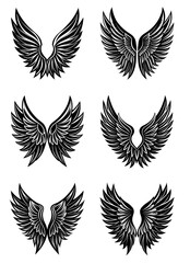 Elegant Wings Icon Vector Set in Black Silhouette Style. Collection of Bird, Angel, and Fantasy Wing Shapes on White Background. Ideal for Logos, Stickers, Tattoo Art, and Digital Design

