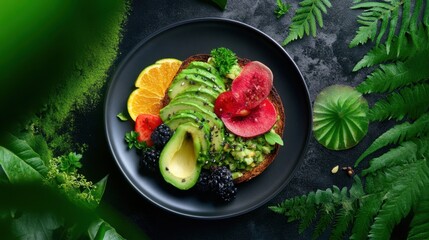 Colorful plate of avocado toast variations using fruits, herbs, and spices