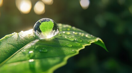 Conceptual image of a transparent droplet forming Earth on a bright green leaf, calling for ecological action
