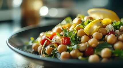 Close-up of soybean chickpea salad with lemon dressing and herbs