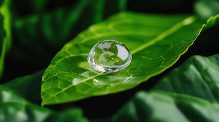 Conceptual image of a transparent droplet forming Earth on a bright green leaf, calling for ecological action