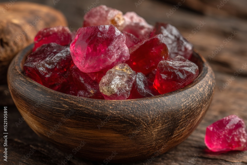 Aufkleber vibrant red gems displayed in a wooden bowl on a rustic wooden surface