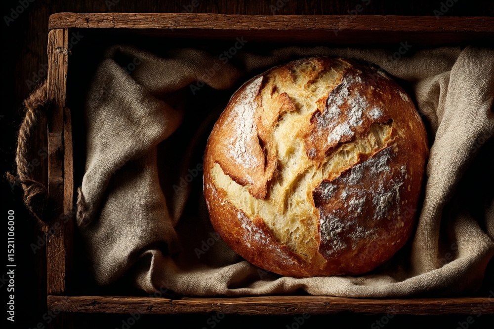 Poster freshly baked sourdough bread resting in a rustic wooden box lined with cloth