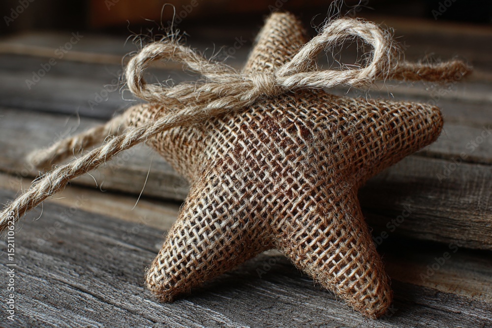 Poster handcrafted burlap star ornament tied with twine resting on rustic wooden surface in cozy home decor