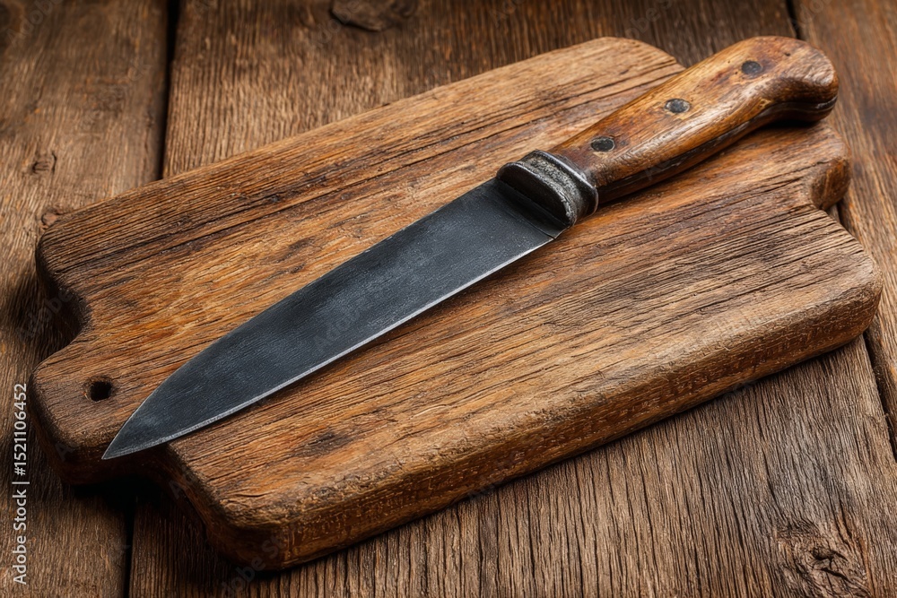 Aufkleber rustic kitchen knife placed on a wooden cutting board with a textured surface and warm tones in the 