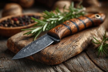 Handcrafted kitchen knife resting on a wooden cutting board surrounded by fresh herbs and spices
