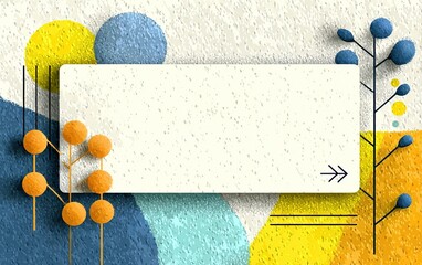 Social media banner template: geometric blue-yellow background, central blank text box, touch screen arrow UI customization, flat vector ad design.