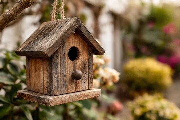 Wooden birdhouse hangs on a tree branch in a garden filled with blooming flowers during a sunny afternoon