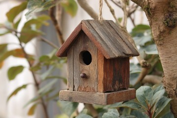 Charming rustic birdhouse hanging from a tree branch in a serene garden setting
