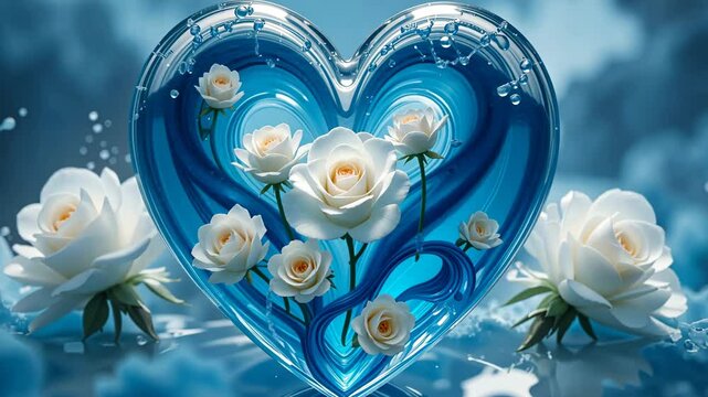 Glass heart filled with white roses and clock hands floating in light blue space. Concept of love, memory and time