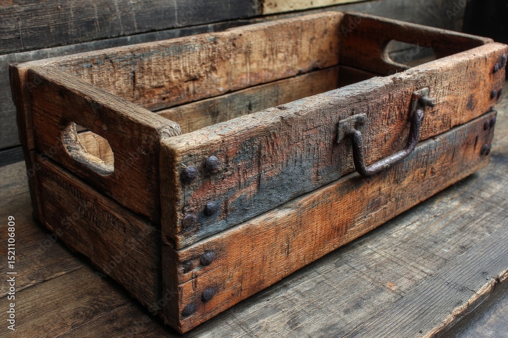 Poster rustic wooden crate with metal handles resting on a weathered wooden surface in a cozy interior sett