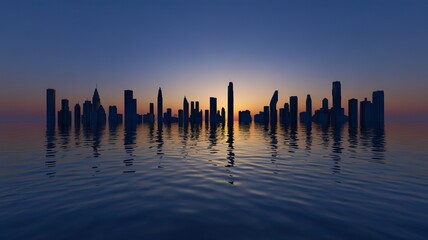Flooded city skyline at dusk with distorted reflections, symbolizing climate migration and rising waters