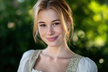 Naklejka premium Young woman smiles in outdoor portrait. Natural beauty, freckles, happy, cheerful, sunlight