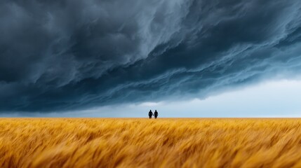 Couple walks together through a golden field beneath a stormy sky. Love, togetherness, partnership, relationship goals, storm chasing, landscape, wheatfield, cinematic, romantic.