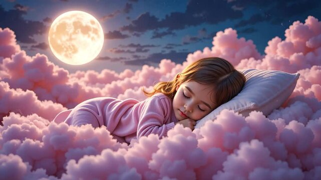 Little girl sleeping on pink cloud bed with moon and stars above in dreamy sky. Concept of childhood dreams and fantasy