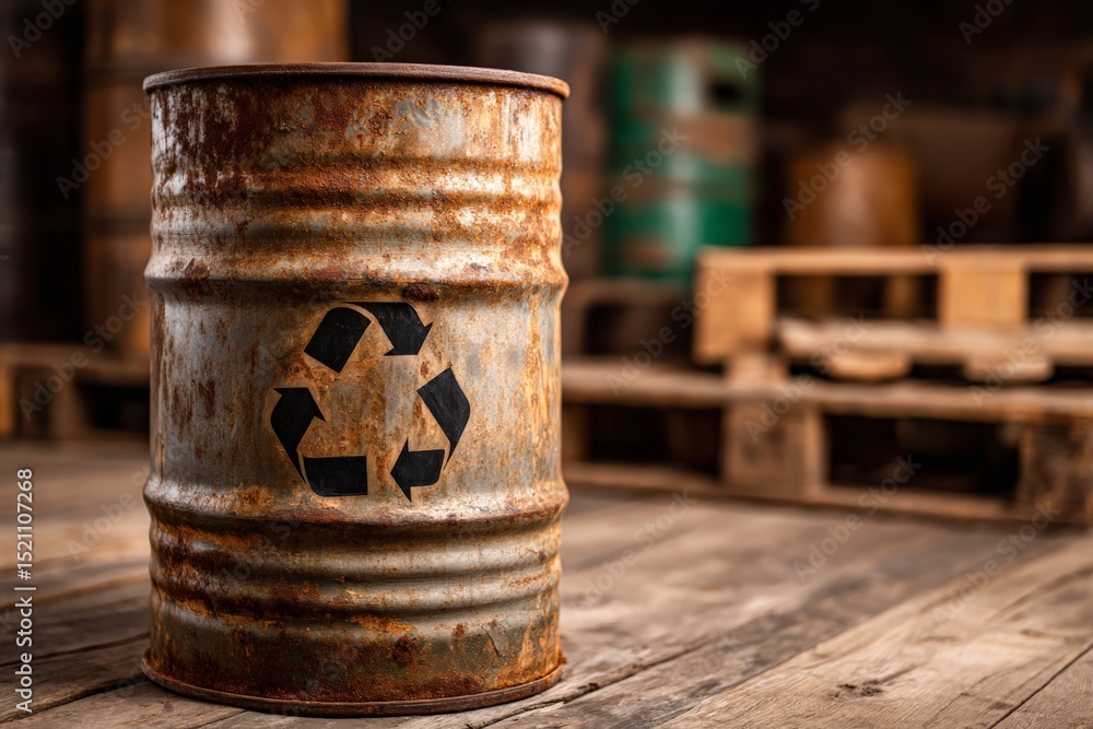 Aufkleber Rusty recycling barrel placed in a rustic setting with wooden pallets and old barrels during daylight hours