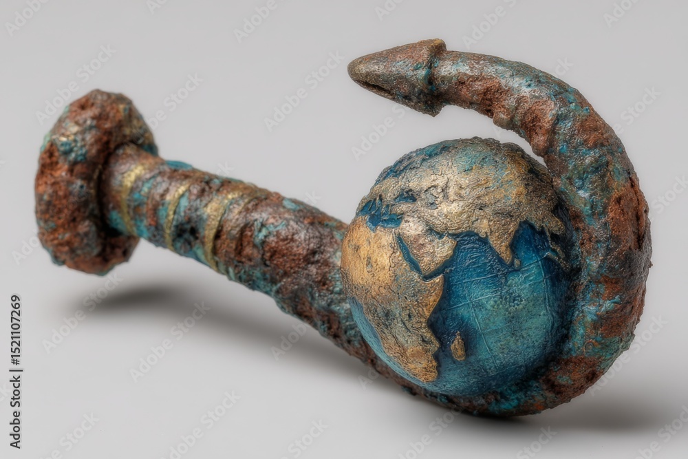Poster unique sculpture of a globe entwined with a twisted metal hook on a neutral background